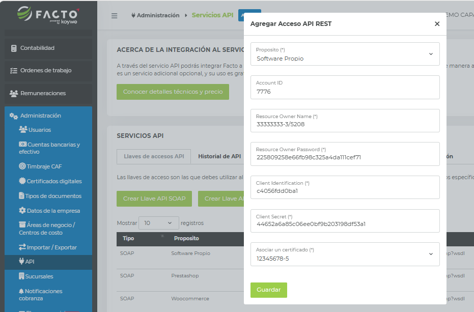 Pantalla para crear llave API en Facto