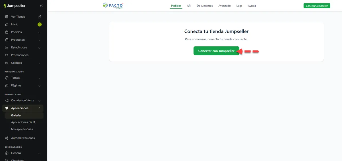 Pantalla para conectar Facto con Jumpseller
