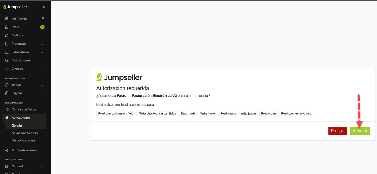 Autorización de permisos para integrar Jumpseller con Facto