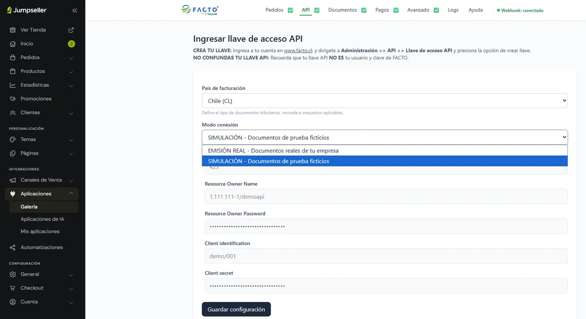 Configuración API para conectar Jumpseller con la cuenta de Facto