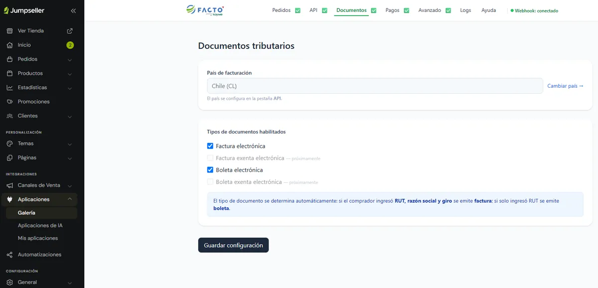 Selección de documentos tributarios para la integración REST de Jumpseller