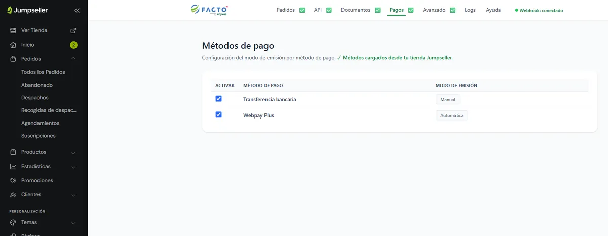 Configuración de métodos de pago en la integración REST de Jumpseller