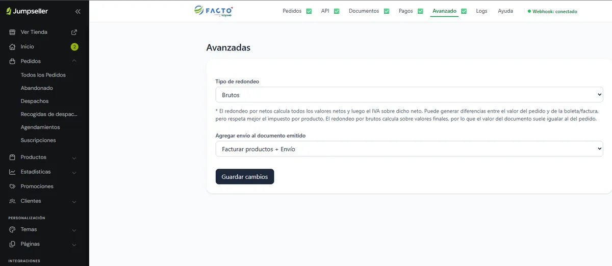 Configuración avanzada de redondeo y envío en la integración REST de Jumpseller