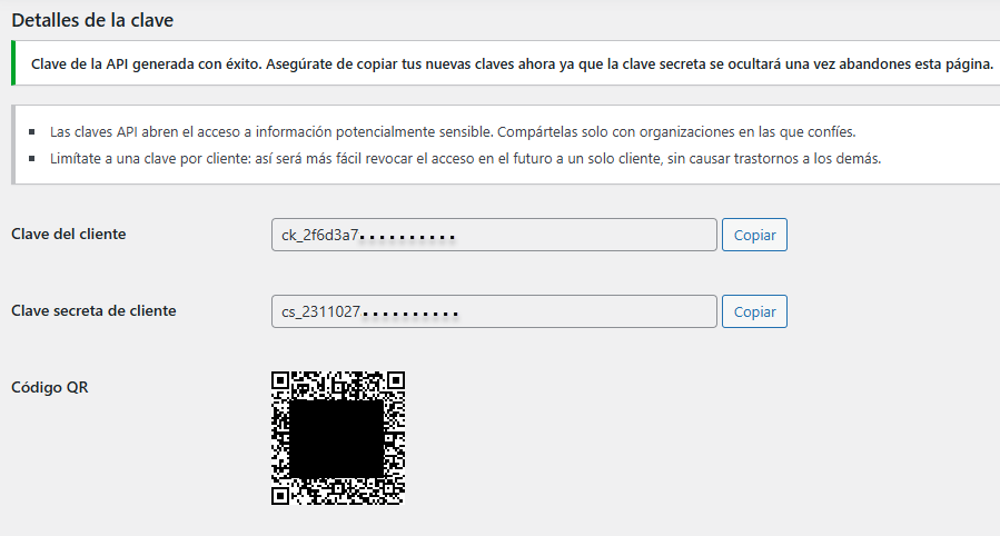 Pantalla con clave del cliente y clave secreta en WooCommerce