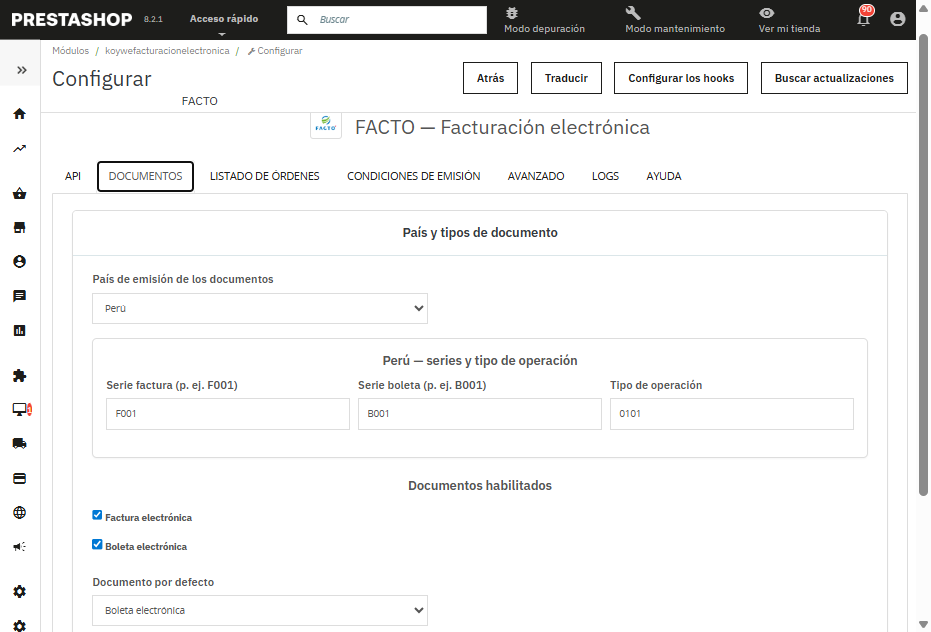 Configuración de documentos en PrestaShop