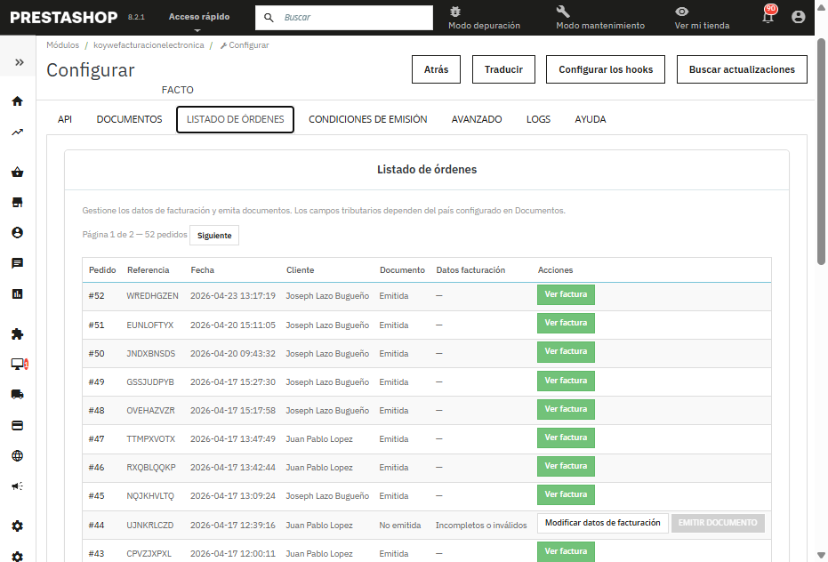 Listado de órdenes en PrestaShop