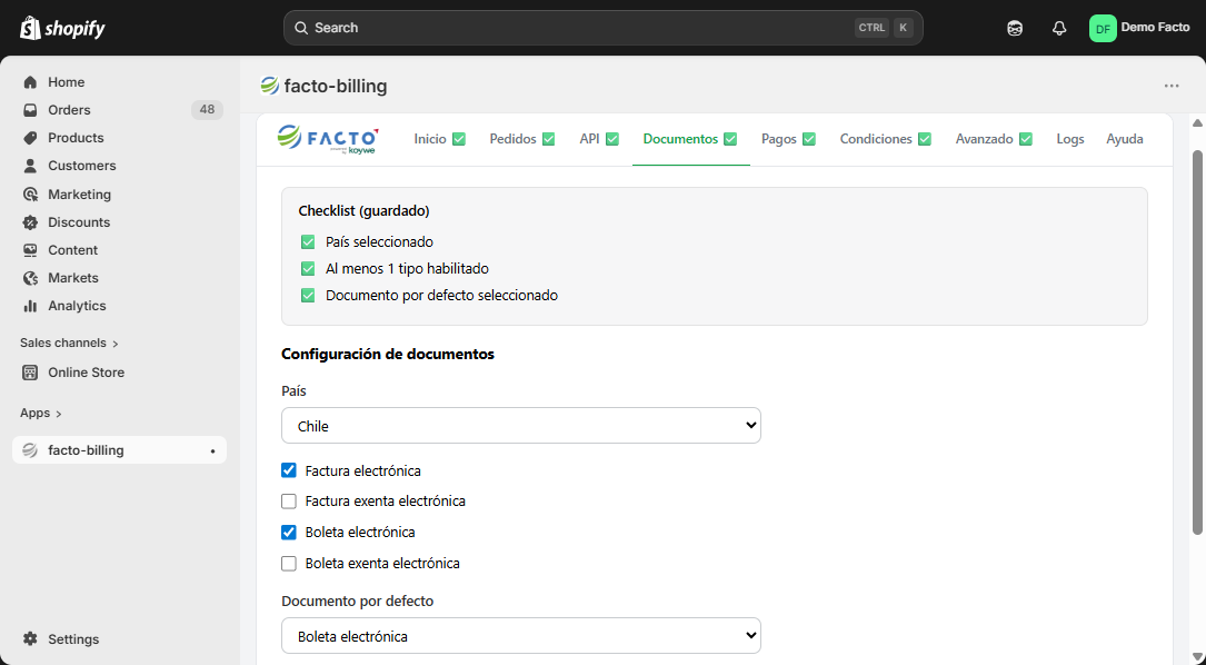Configuración de documentos en Shopify