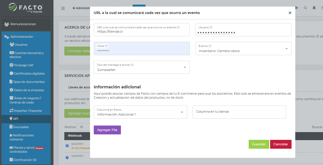Pantalla de Facto para crear la suscripción webhook de WooCommerce