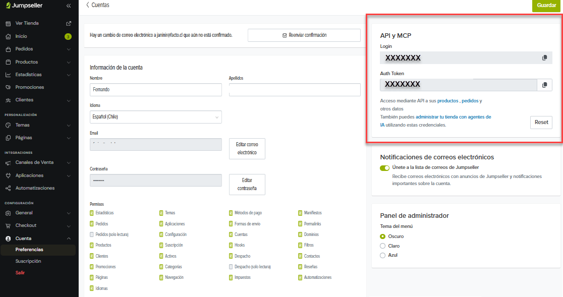credenciales API en Jumpseller