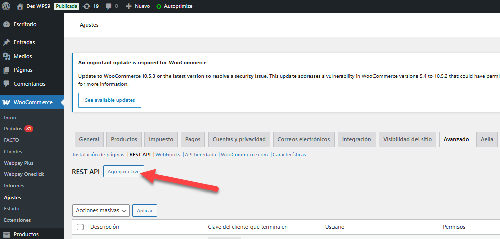 WooCommerce en Ajustes Avanzado REST API mostrando el botón Agregar clave