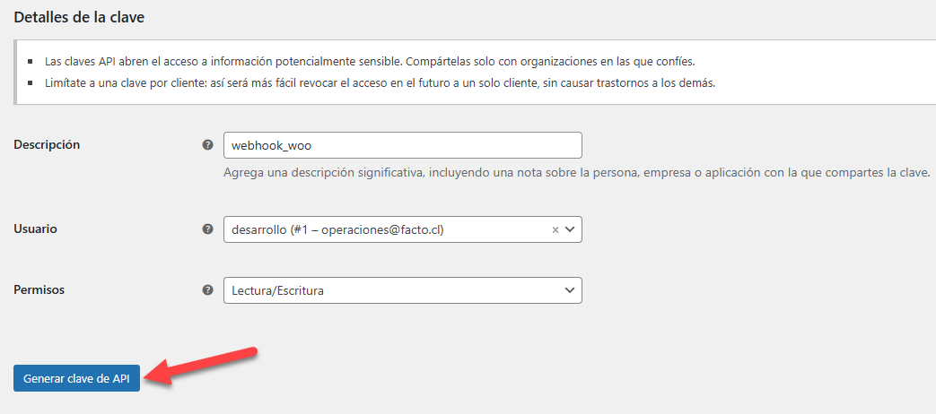 Formulario de detalles de la clave API en WooCommerce