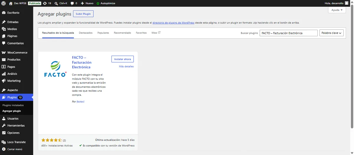 Instalación y activación del plugin Facto en WooCommerce