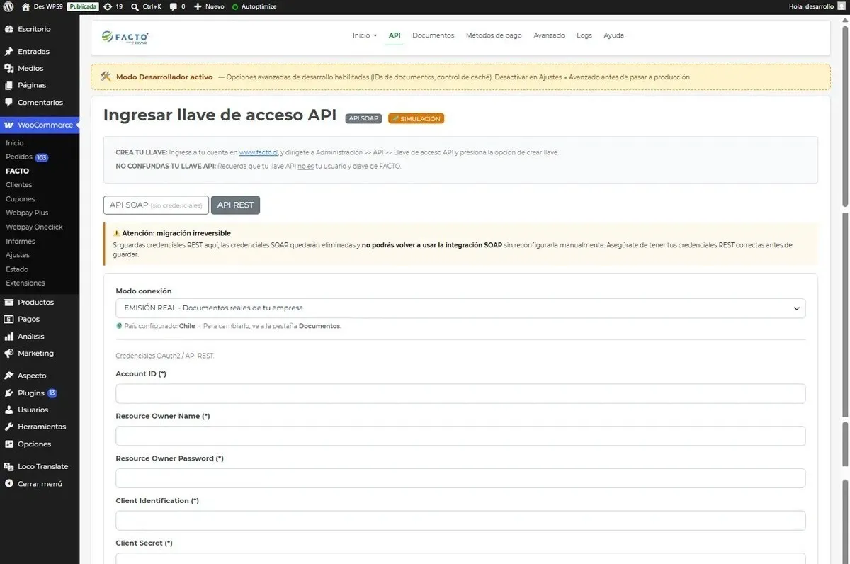 Ingreso de llaves de acceso API para conectar WooCommerce con Facto