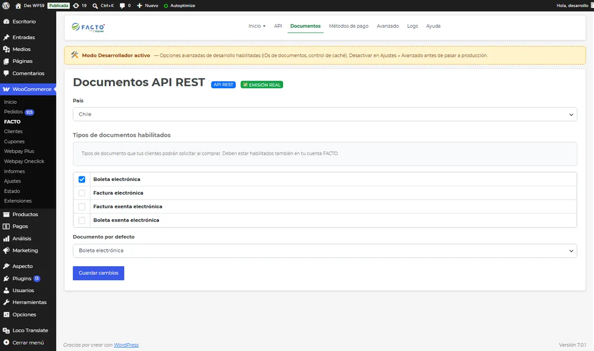 Selección de documentos tributarios para la integración REST de WooCommerce