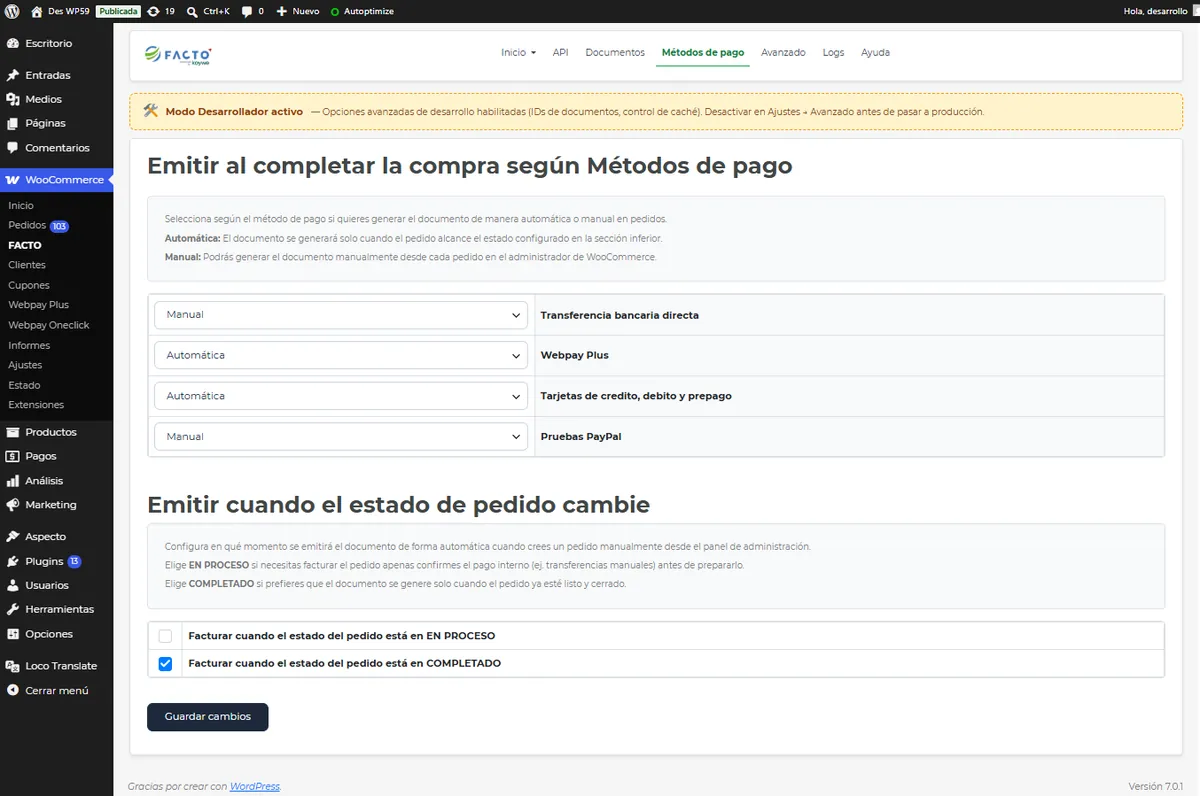 Configuración de emisión automática o manual en WooCommerce