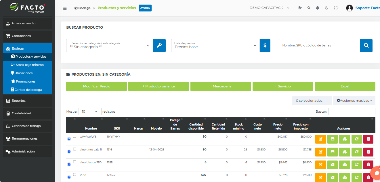Vista de inventario y bodega en Facto