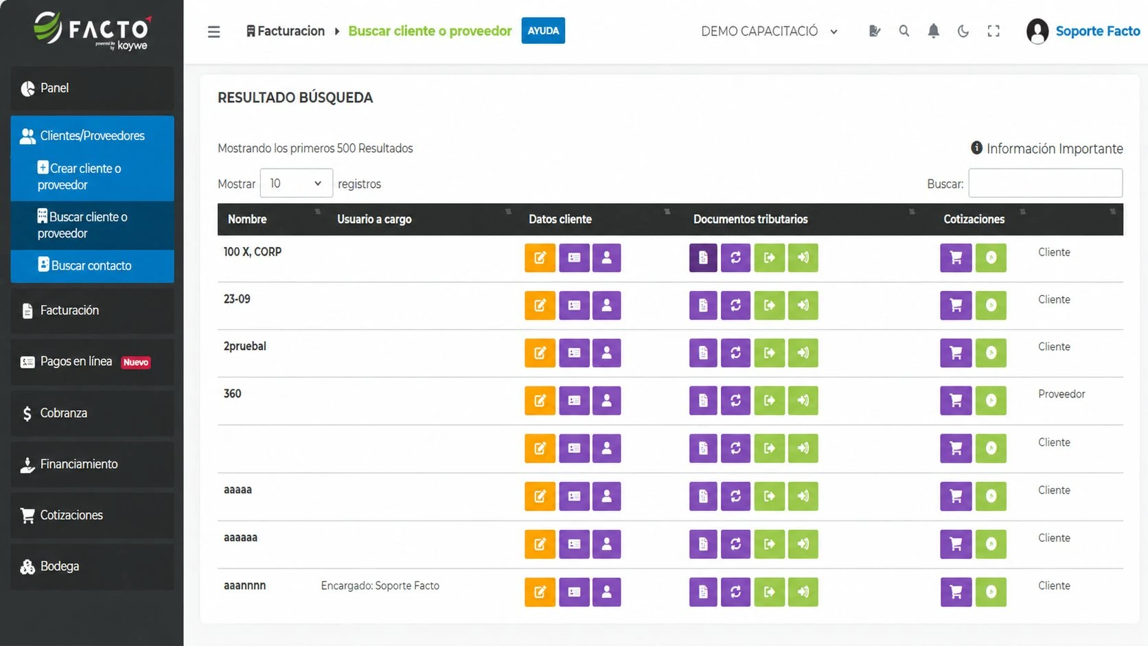 Vista de clientes y cobranza en Facto