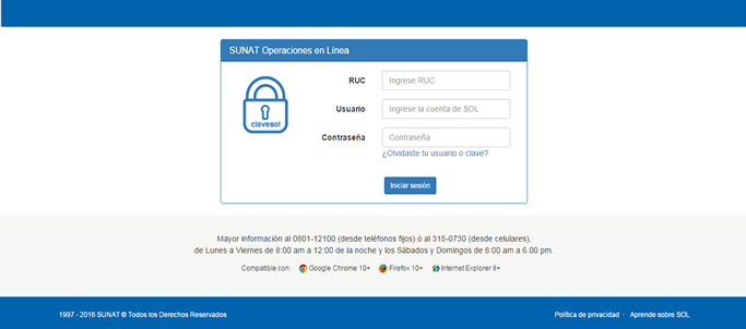 SUNAT — inicio de sesión con clave SOL