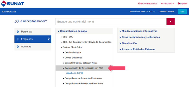 SUNAT — Comunicación de tercerización con PSE