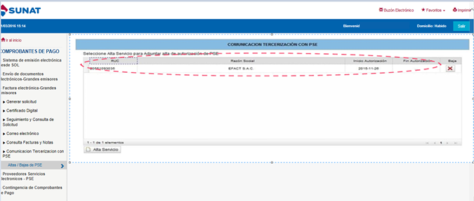 SUNAT — Efact registrado como PSE